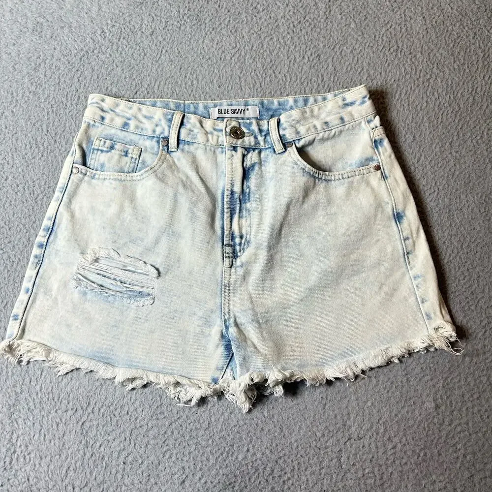 Blue Savvy Shorts Womens 7/28 Blue Distressed Light Wash Cutoff Shorts‎